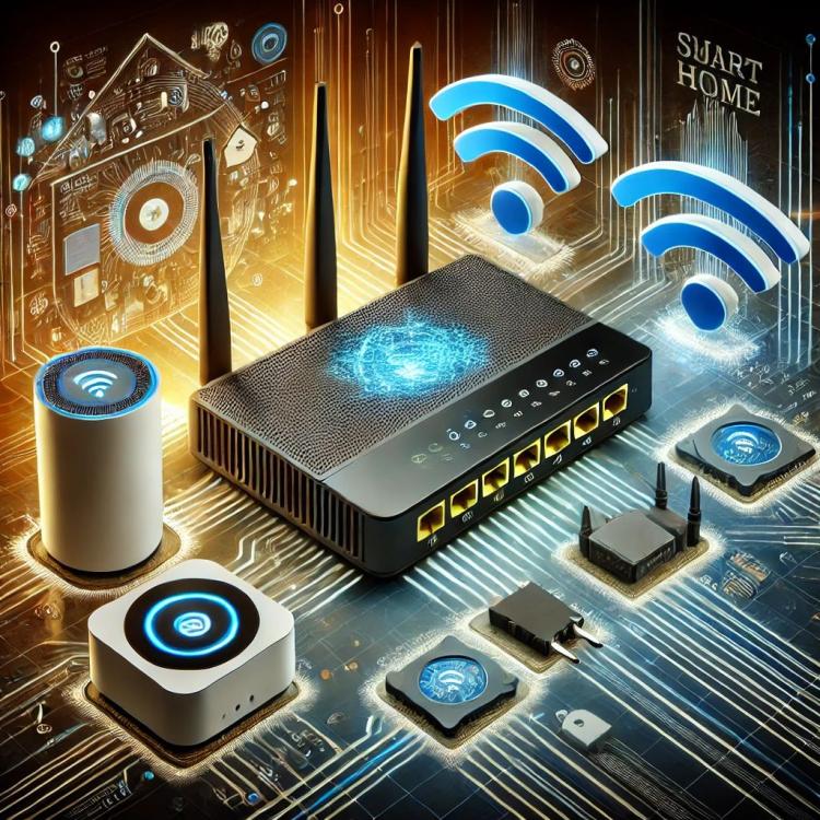 DALL·E 2024-12-15 14.13.22 - An artistic rendering of a dual-band wireless router highlighting its key features, surrounded by smart home devices with digital waves illustrating c.jpeg